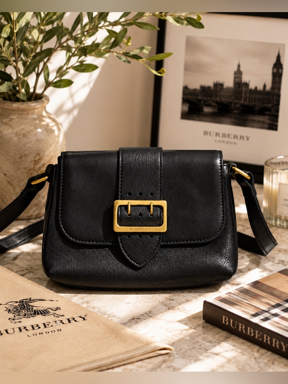 Burberry Black Leather Buckle Crossbody Bag